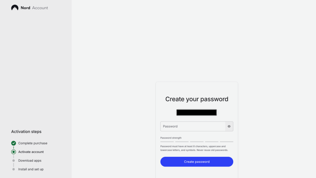 NordVPNのパスワード作成画面