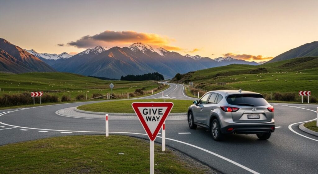 【NZ交通ルール図解】事故る前に読むべき!ラウンドアバウト・ギブウェイ徹底攻略ガイド|ワーホリ・レンタカー運転のアイキャッチ画像