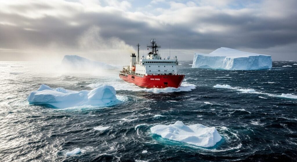南極ロス海を進む探検船のイメージ