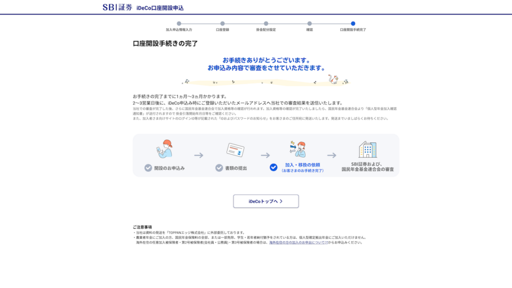 SBIの確定拠出年金加入完了の画面