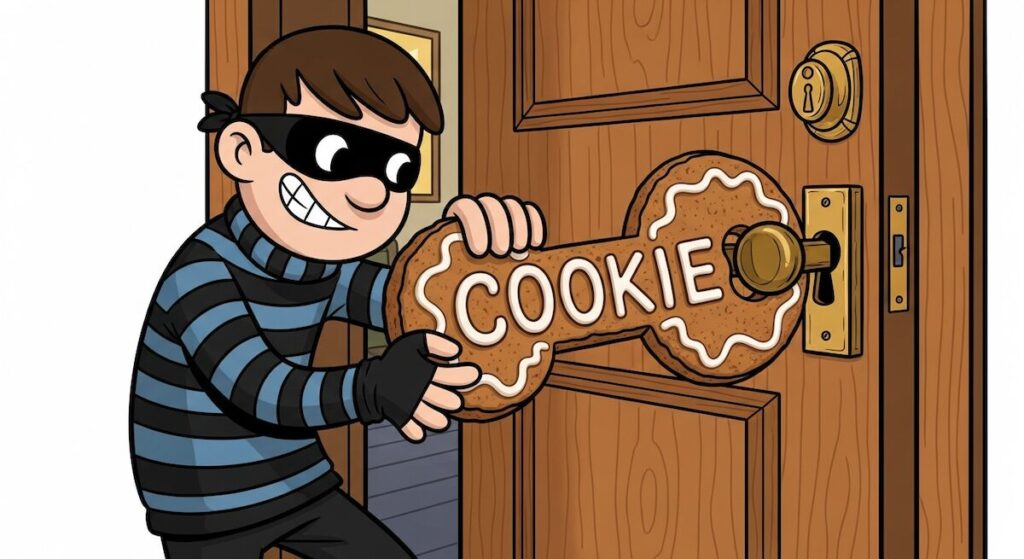 セッションハイジャックの仕組みを泥棒が合鍵を使って強引に開けている様子で表現したイラスト