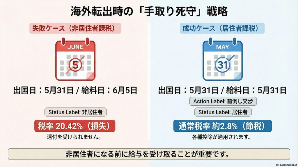 【図解】海外転出時の給与税金比較：5月31日出国の場合の成功と失敗。給料日が6月5日（出国後）だと非居住者扱いで税率20.42%（約6万円の損失）になるが、5月31日（出国当日）に前倒しすれば居住者扱いで通常税率（約2.8%）になり手取りが減らない仕組み。