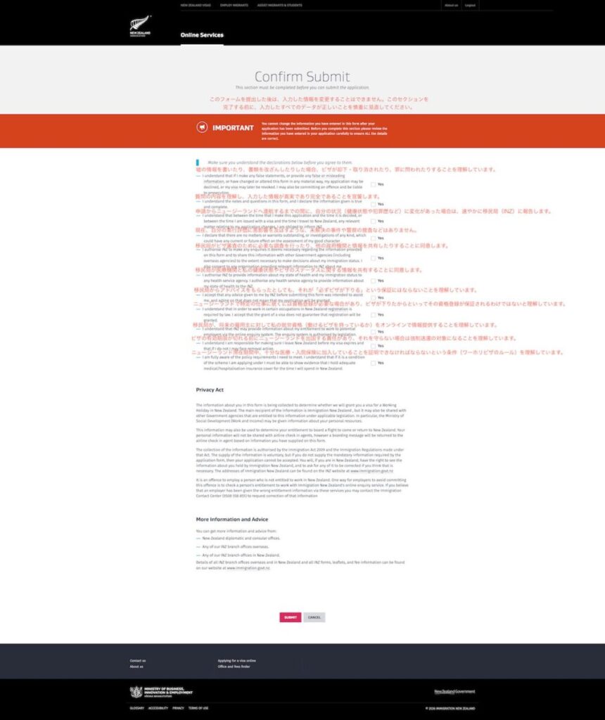 ニュージーランドワーホリビザ申請、提出の確認と宣誓の入力画面