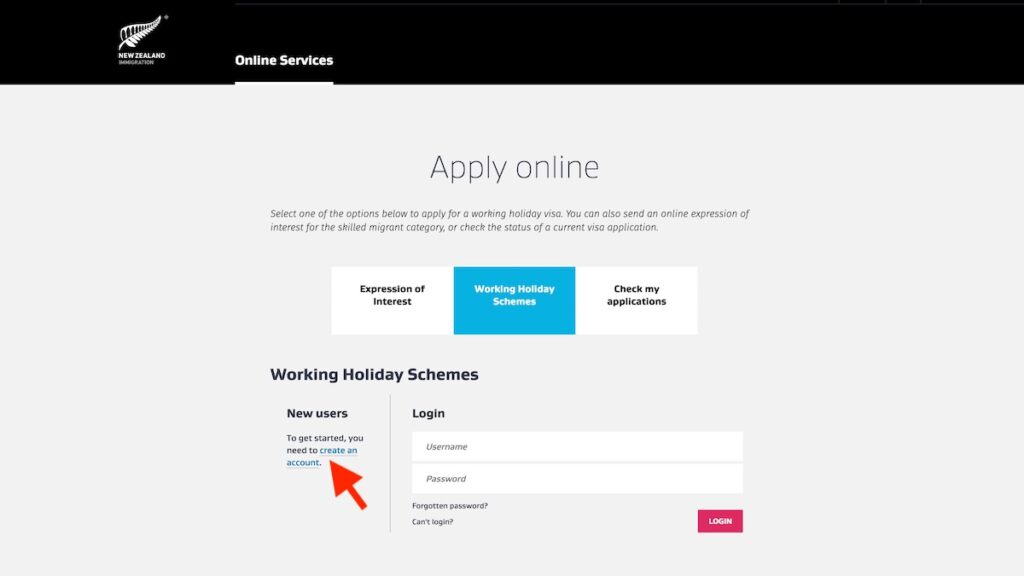 ニュージーランド移民局アカウントの作成