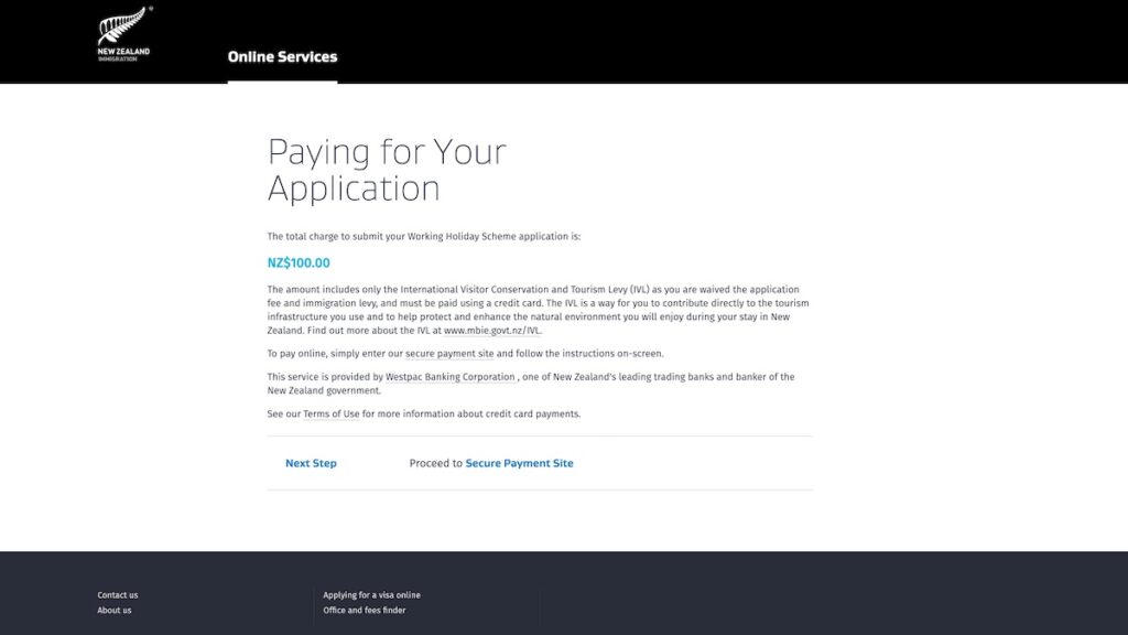 ニュージーランドビザの申請料100NZDの画面