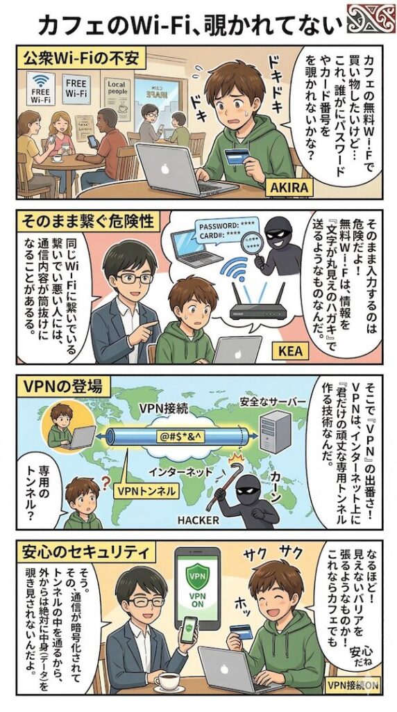 カフェのWi-Fiがのぞかれている？VPNの仕組みをわかりやすい4コマ漫画で解説