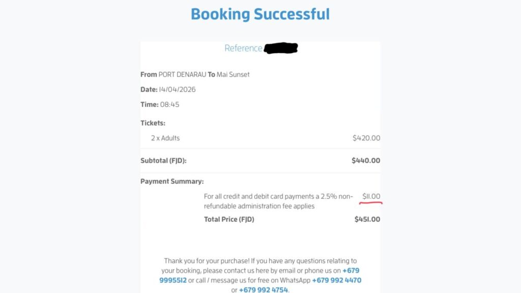 サウスシークルーズ(South Sea Cruises)のオンライン予約完了画面。クレジットカード決済手数料2.5%の明細表示"