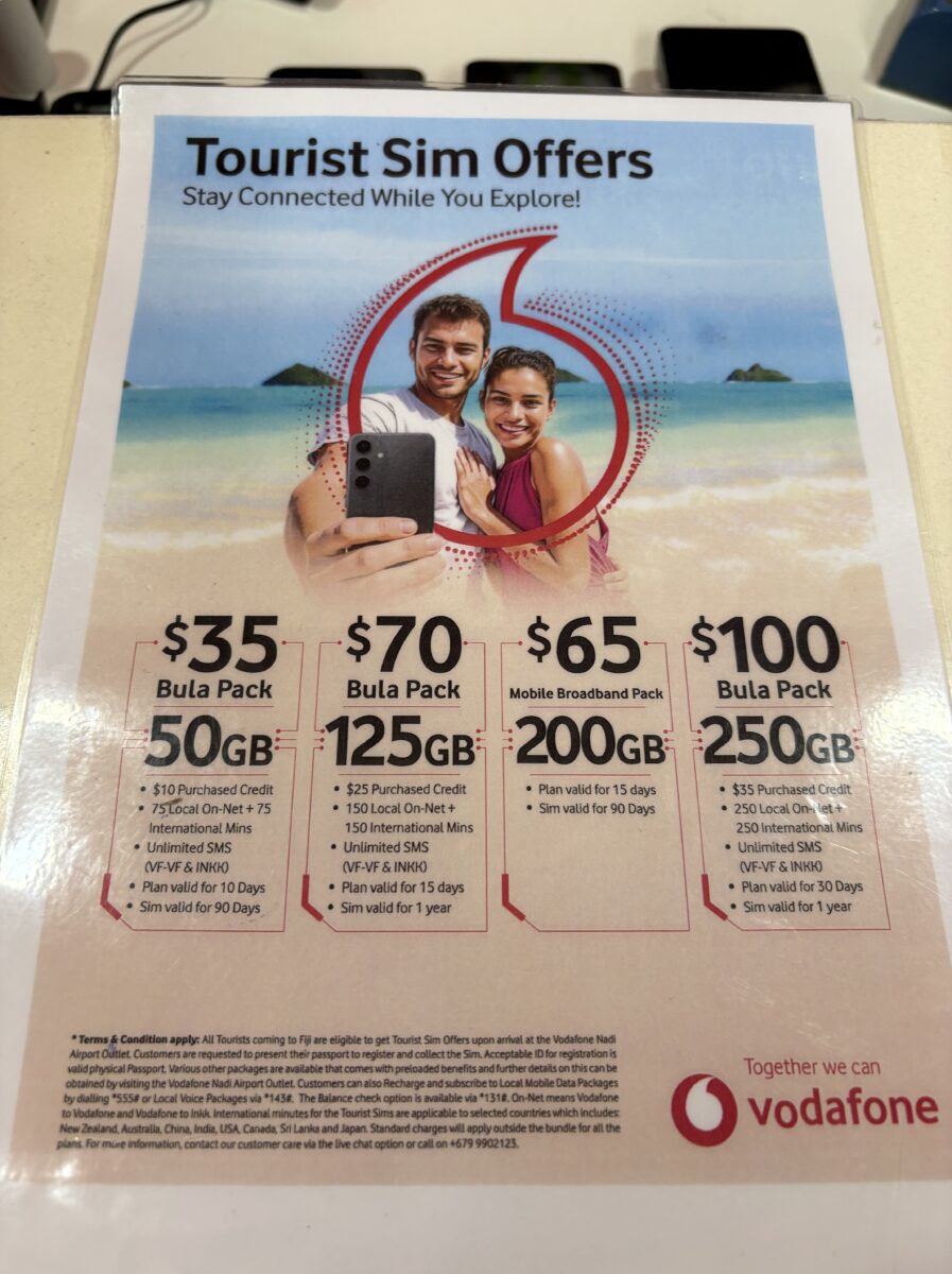 Vodafoneの旅行者向けのSIMカードの金額表