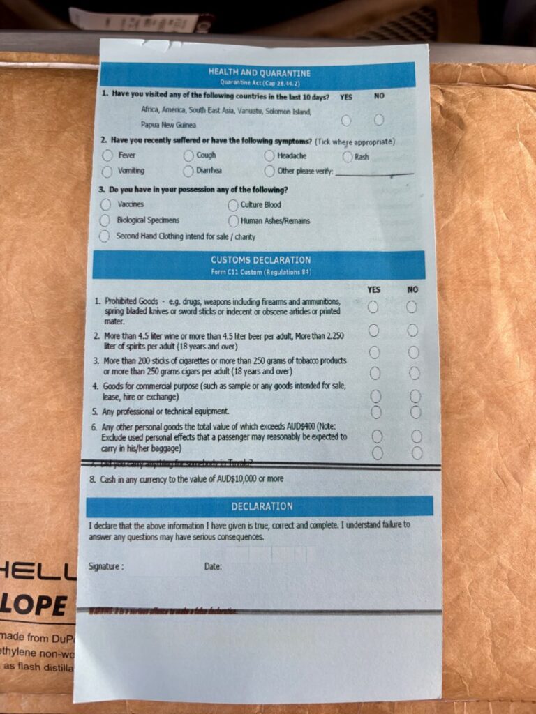 ツバル入国カード（ウラ）