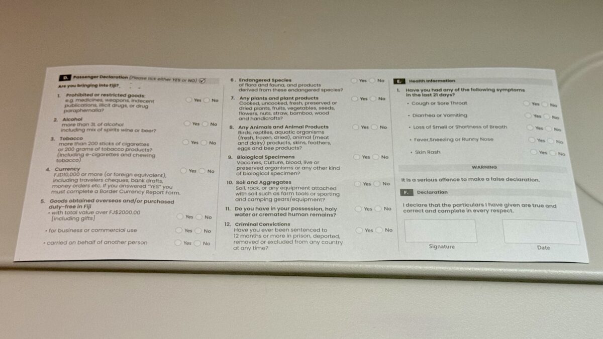フィジー入国カードの裏面